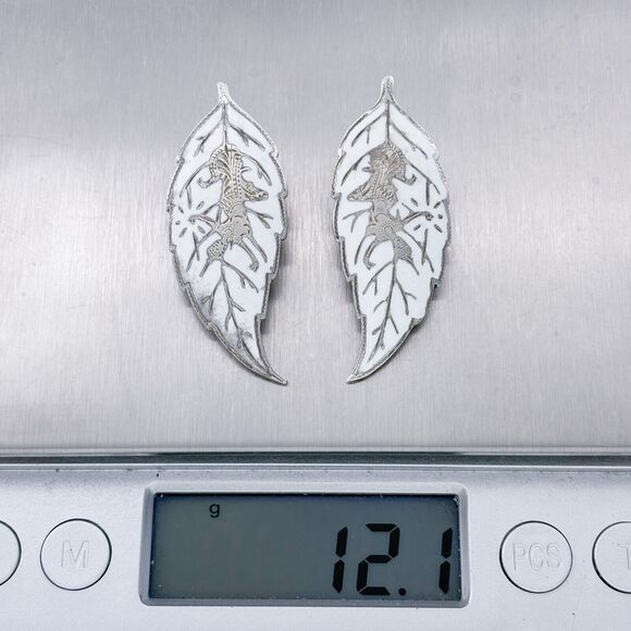 Vintage Siam Sterling Silver 925 White Niello Leaf Clip-On Earrings - Picture 4 of 4
